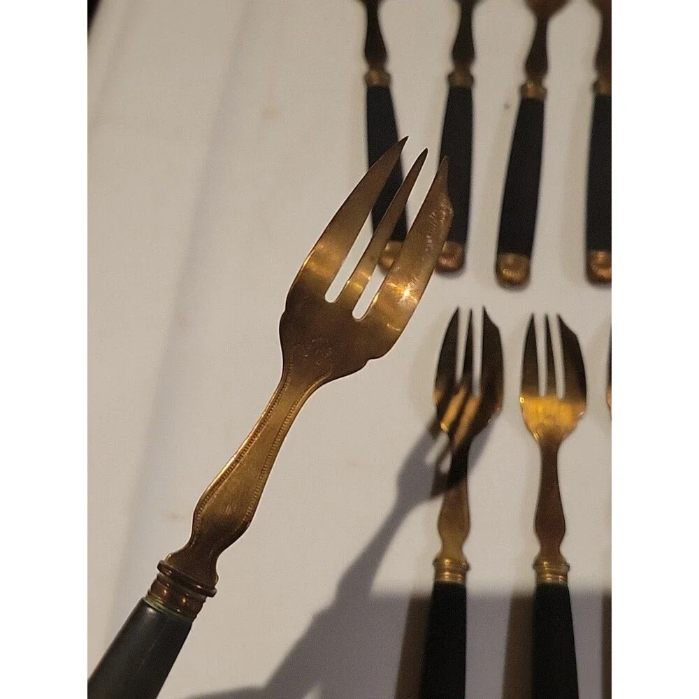 RARE Set Of 12 Antique Pie Forks Leduc Paris France Goldtone Black Victorian Lot